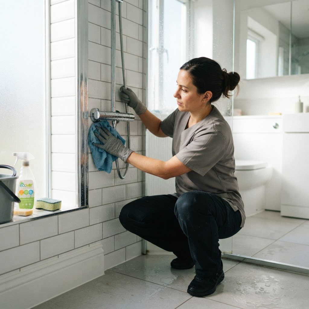 Professional cleaner scrubbing bathroom grout and fixtures during a deep clean