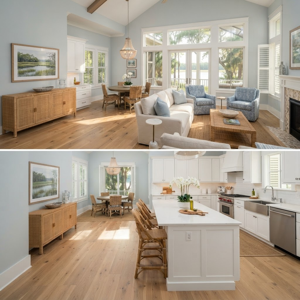 Gleaming Hilton Head kitchen and living area after a top-to-bottom deep clean