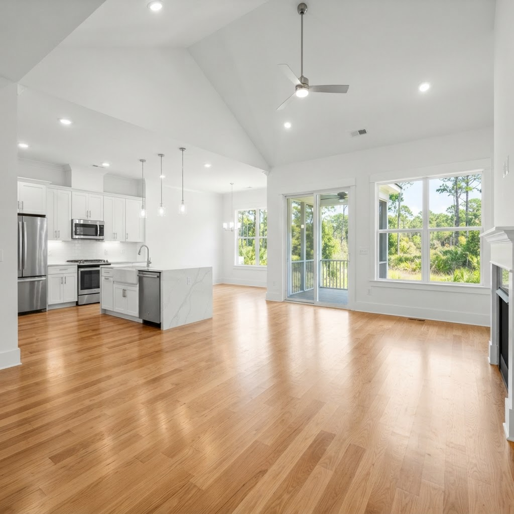 Bright, empty, freshly cleaned Hilton Head kitchen and living area, deposit-ready