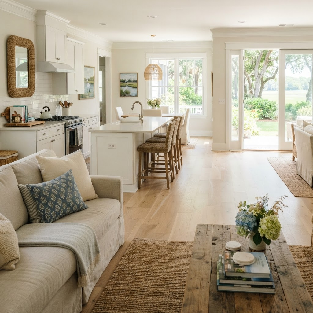Sunlit Hilton Head living room and kitchen after a routine standard clean